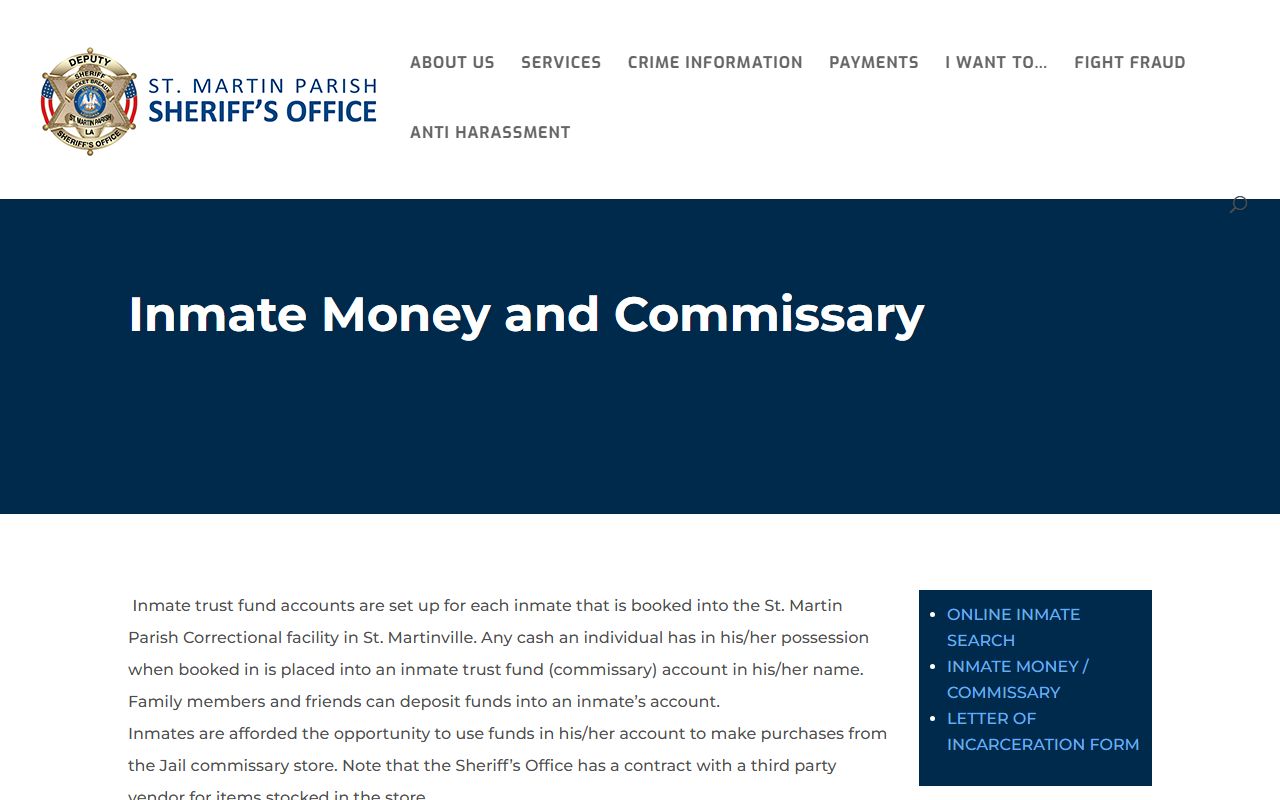 St. Martin Parish Correctional Center inmate money and commissary options